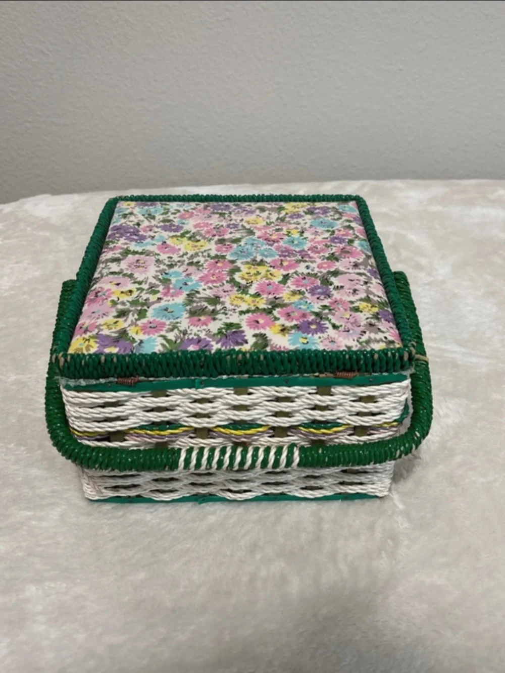 Vintage Floral Basket with Handle Woven Storage Craft Organizer